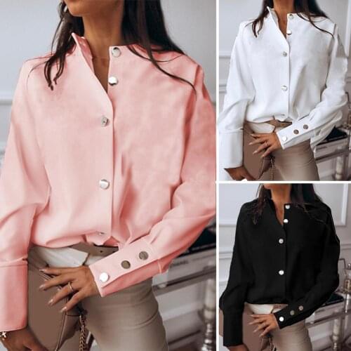 Women Fashion Stand Collar Long Sleeve Single-breasted Buttons Cuff Shirt Blouse for women Office Shirt Women Casual