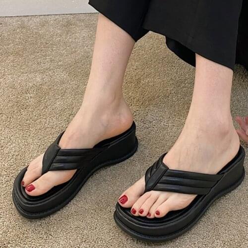 Women Casual Clip Toe Platform Slippers Girls Summer Thick Bottom Beach Flip Fops Pu Leather Wedges Sandals Female Slippers