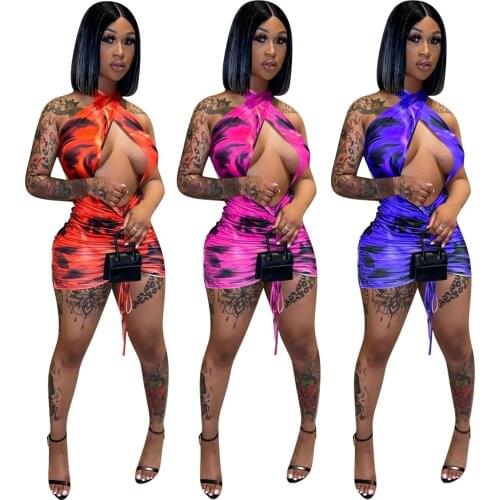 Tops Women 2021 Summer Style Short Skirt Fashion Girl Sexy Print Cross Halter Female Tight Dress Suit Festival Clothing