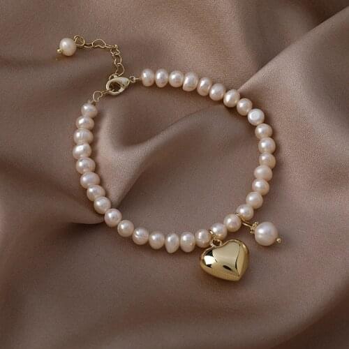 Minar Temperament Love Heart Natural Freshwater Pearl Charm Bracelet for Women Girls Gold Color Metal Beaded Bracelet Jewelry