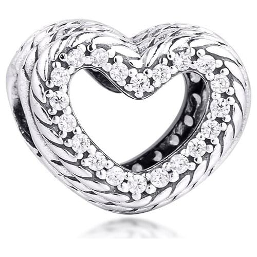 Fits Pandora Bracelet Charms 925 Original Snake Chain Pattern Open Heart Charm Sterling Silver Beads Women DIY Jewelry Making