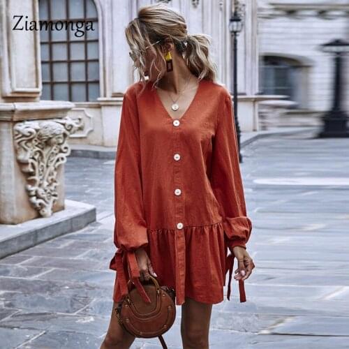 Ziamonga Fashion Orange Women Dress Autumn Ruffles Button Deep V Neck Mini Dresses Long Sleeves Casual Dress Women Vestidos