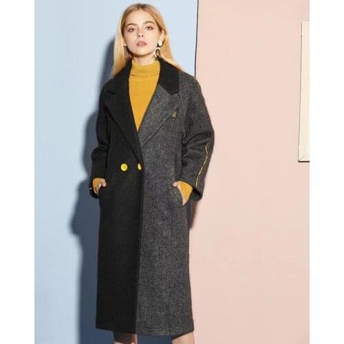 2021 Winter Fall Korean Style Women Clothes Loose Grey Black Patchwork Woolen Coat , Woman Autumn Fashion Long Wool Coat