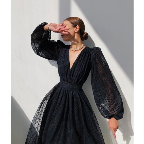 Seawefit 2021 Puff Long Sleeve Maxi Dress Women Chiffon Deep V-Neck Dresses Elegant Sexy Robes Belt Polka Dot Ball Gown Outfit