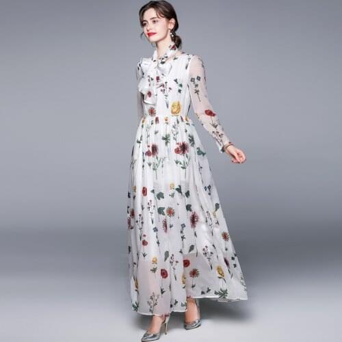 Bohemian Sweet Foral Printed White Chiffon Maxi Dress 2021 Summer Women Long Sleeve Elegant Beach Boho Dress With Belt k8023