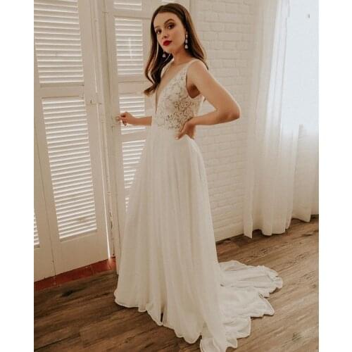 2021 Summer Bohemian A-Line Wedding Dresses Sleeveless Sexy Backless Sheer V-Neck Long Lace Chiffon Boho Beach Bridal Gowns