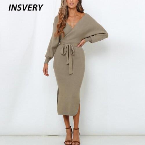 Women Knitted Dress Autumn Winter Sexy Long Sleeve Party Dress Women Vintage Solid Lace Up Deep V Neck Dresses For Women 2021