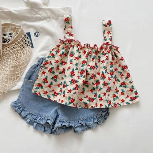 Girls Vests Kids Clothes Summer Floral Printed Strap Vest Baby Girl Casual Floral Tops+Jean shorts 2Pcs Kids Sets 1-6 Years