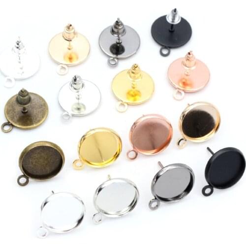 12mm 30pcs Rhodium Brone Gold Silver Plated Stainless Iron Earring Studs(with Ear plug) Base,Fit 12mm Glass Cabochons