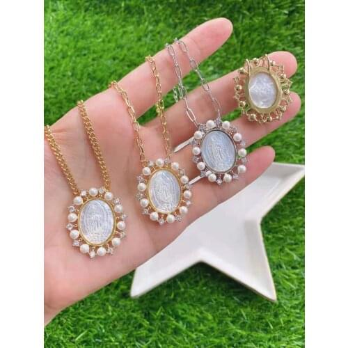 32x40mm Virgin Mary White Mop Cameo Shell White Pearl cubic zircon CZ Paved Connector Charms necklace pendant Jewelry DIY