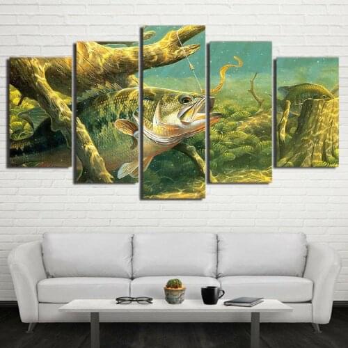 Bass Fishing Lake Fish Painting Poster 5 Pcs Canvas Picture Print Wall Art Canvas Painting Wall Decor for Living Room No Framed