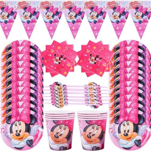 57pcs/lot Minnie Themed 1st Birthday Decor pink Happy Birthday Banner Disposable tableware set for baby girl Minnie Birthday