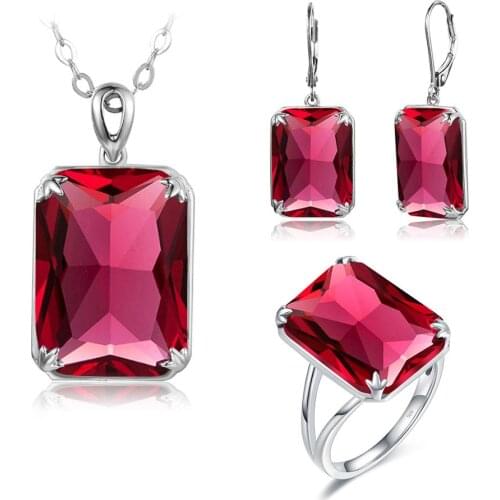 925 Sterling Silver Wedding Jewelry Sets Big Gemstone Rectangle Ruby Ring Pendant Drop Earrings Classic Fine Jewelry Christmas