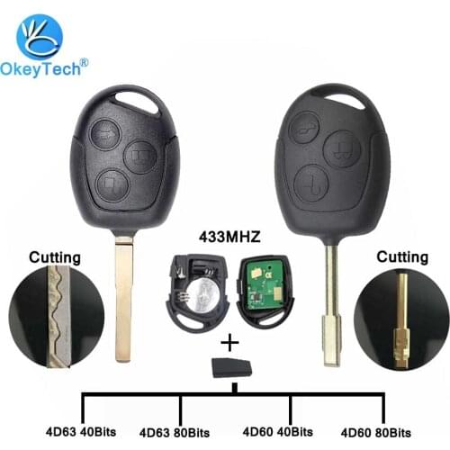 OkeyTech Car Remote Key for Ford Focus 2 Fiesta Transit Mondeo 433Mhz 4D63 4D60 40 80 Bits Chip HU101 FO21 Cutting Blade Service