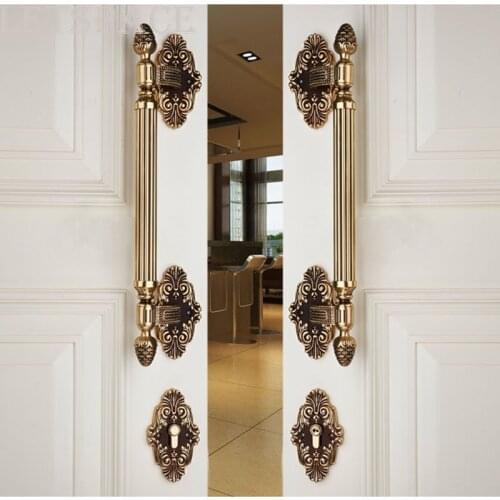 Free Shipping European Gate Guard Full Copper Lock Top Level Villa Gold Handles Exquisite Carved Double open wood door Lock 85mm