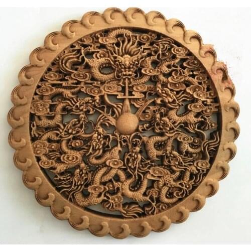 Artistic Chinese Hand-carved 9 Dragon Statues With Camphor Board Wall Sculpture