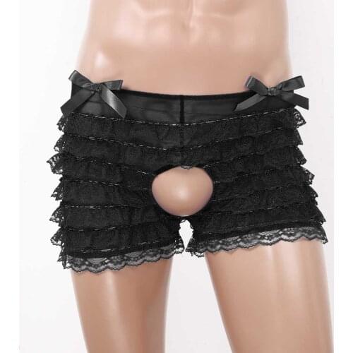 IEFiEL Gay Mens Sissy Floral Lace Lingerie Mid Rise Open Crotch Super Frilly Ruffled Layered Lace Briefs Underwear Boxer Panties