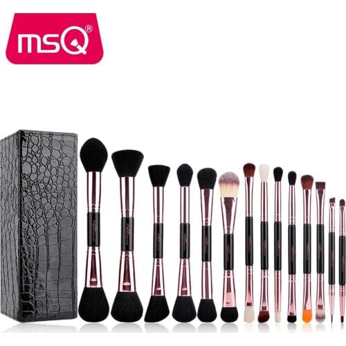 MSQ 1/14PCS Makeup Brushes Rose Gold Double Ended Cosmetic Make Up Foundation Eye Beauty Tool PU Leather Cylinder