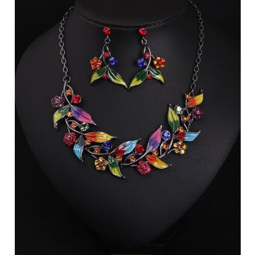 Colorful Enamel Jewelry Set Women Necklaces and Earrings Fashion Party Punk Silver Crystal Leaf Jewelry Sets Collar Y Pendientes