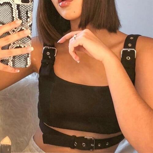 Summer Women Sexy Party Tops Backless Hollow Out Crop Tops Camisoles Streetwear Punk Style Black Metal Chain Elastic Crop Tops