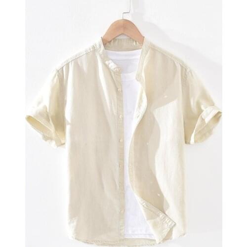 Mens Cotton Linen Shirts Solid Short-sleeved Casual Mandarin Collar Shirts Men Business Dress Shirts Male Camisas Tops TS-580