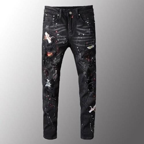 New Mens Jeans Luxury Mens Black Bird Embroidered Painted Ripped Jeans Streetwear Holes Patchwork Stretch Denim Pants 40