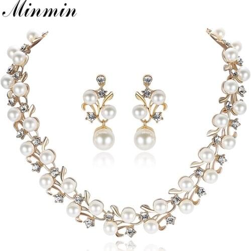 Minmin Gold-color Simulated Pearl Crystal Bridal Jewelry Sets Leaf Shape Engagement Wedding Jewelry Necklace Set MTL497