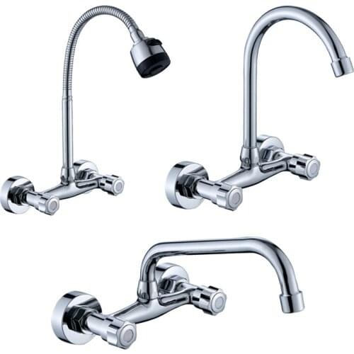 Wall Mounted Kitchen Faucet Double Handle Sink Basin Tap Cold Hot Water Mixer Tap Dual Hole Bathroom Sink Wash Basin Water Tap