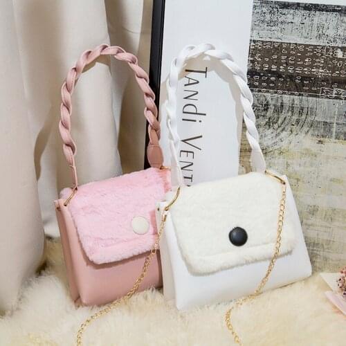 2021 Brand New Plush Winter Crossbody Bag Women Retro Faux Fur Square Small Pocket Braid Strap Handbag Messenger Purse