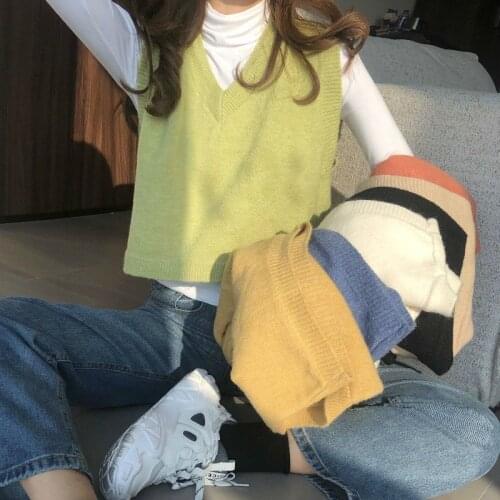 Casual Tank Tops Women Autumn 2020 Korean Style Cute Solid Color V Neck Knitted Sweater Vest Sleeveless Pullover Waistcoat T496
