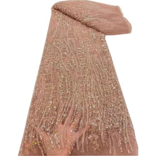 With beads and Sequin Lace Fabric Mesh African Embroidery Nigerian French Party Latest High Quality Tulle Hot Sale FJ-425