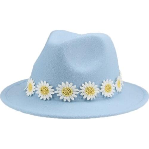 Fedoras Hats Women Wide Brim Solid Black Pink Red Hats Boy Girls Big Daisy Fashionable Decoration Women Hats Sombreros De Mujer