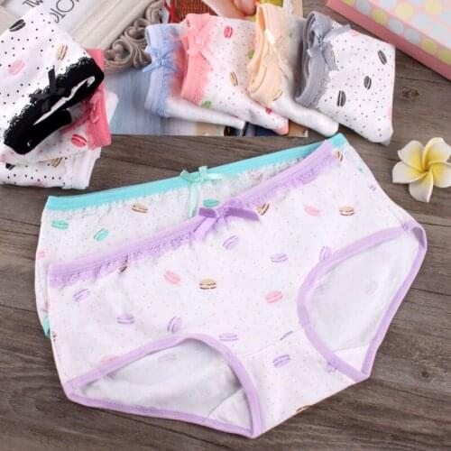 Breathable cotton underwear panties Japanese sweet girl cuecas cartoon low bow Macarons knickers female stamp briefs women