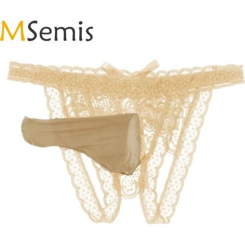MSemis Men Low Rise Crotchless Panties Lace Briefs Elastic Waistband Bulge Pouch Underpants Open Butt Bowknot Underwear