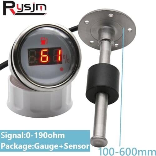 Digital 52MM Fuel Level Gauge 100% With Warning Light 0-190ohm With Fuel Level Sensor 100~575mm 525mm For Marine Car Boat Yacht