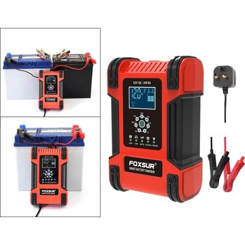 Smart Car Battery Charger 12V 12A 100-240V AC Fast Power Automatic Charging Lead Acid Batteries with Cable Clamps UK Plug