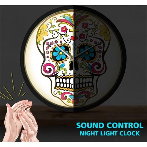 Candy Floral Skull Illuminated Night Light Lamp Clock Mexican Dia De Day of the Dead Smart Sound Control LED Halloween Clock