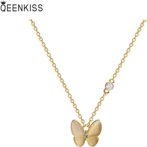 QEENKISS NC705 Fine Jewelry Wholesale Fashion Woman Girl Birthday Wedding Gift Butterfly AAA Zircon 18KT Gold Clavicle Necklace