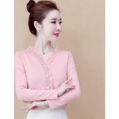 Womens Spring Summer Style Blouse Shirt Womens Solid Color V-neck Long Sleeve Button Elegant Temperament Lace Tops DD8501