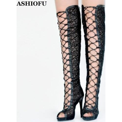 ASHIOFU New Hot Sale Womens High Heel Boots Cross-straps Peep-toe Autumn Sexy Party Knee High Boots Evening Club Fashion Boots