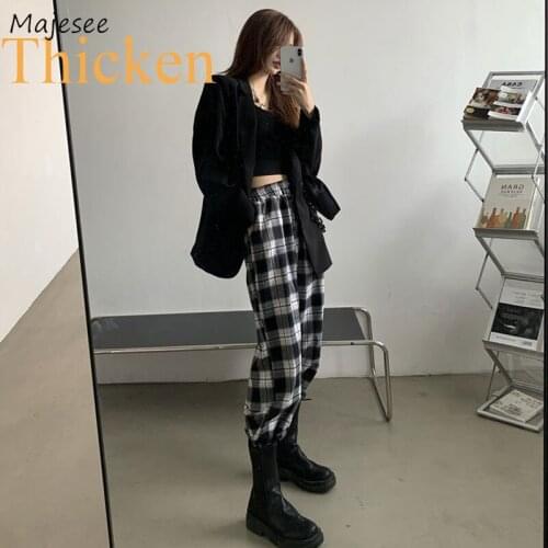 Casual Pants Women Plaid Plus Velvet Thicken Vintage Winter High Waist Elastic Loose Wide-leg Retro Streetwear Cool Chic Ins New