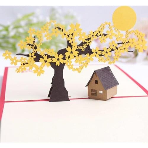 10pcs Wholesale 3D Handmade Yellow Sakura Tree Paper Greeting Cards PostCard Mid-Autumn Festival Overseas Chinese Friend Gift