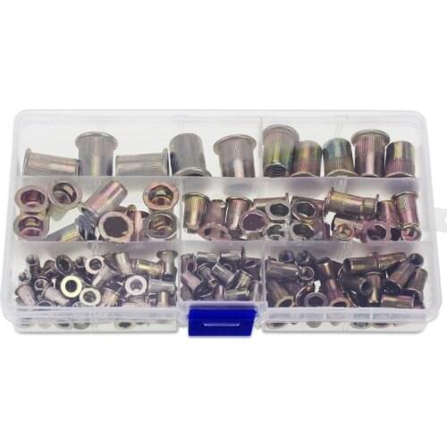 150pcs/box M3 M4 M5 M6 M8 M10 Multi Size Zinc Plated Steel Rivet Nuts Flat Head Fastener Set Nutsert Insert Riveting DIY