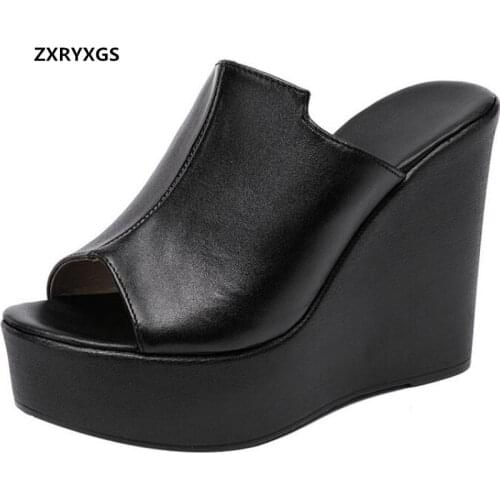 2021 New Fish Mouth Cowhide Summer Slippers Wedges Platform Sandals Women Heighten Shoes High Heel Slippers Sandals 8 / 10 Cm