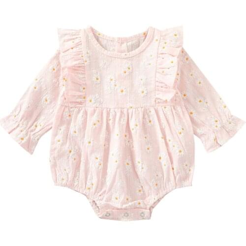2021 Spring Infant Baby Girl Casual Fashion Little Daisy Jacquard Ruffles Triangle Romper Kid Jumpsuits Clothing