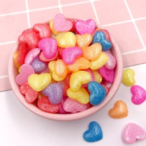 50Pcs/lot Glitter Heart Shape Flat back Resin Cabochon Kawaii Fit Phone Decoration Craft DIY Scrapbooking Hair Accessories 15mm