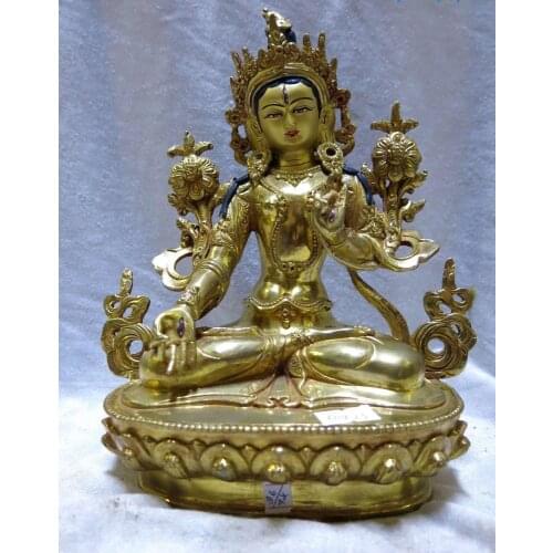 9" Tibet gilt bronze Buddhism lotus flower White Tara buddha Sculpture Statue
