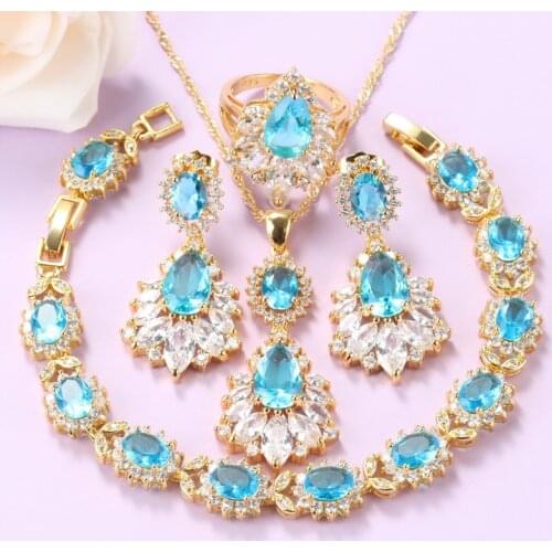 Turkey Big Jewelry Sets Gold-Color Sky Blue Cubic Zirconia Fashion Women Accessories Wedding-Party Gift