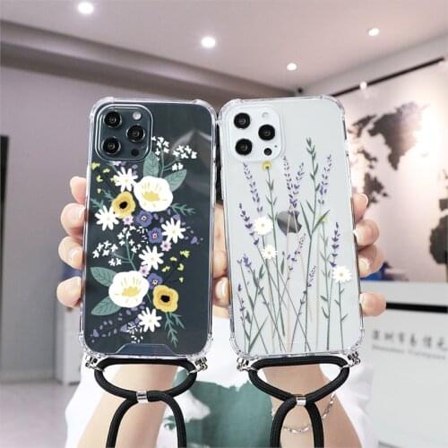 Fundas For Motorola Moto G8 G9 G7 E7 E6 One Fusion Plus Play Power Necklace Lanyard Rope Clear Hard PC Flower Bumper Back Cover