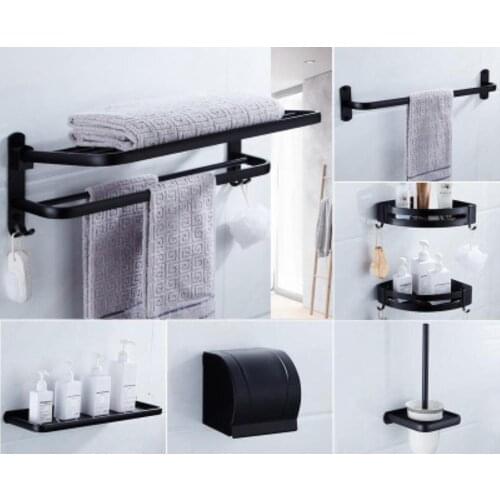 Punch-free black space aluminum bathroom pendant set bathroom towel stand bathroom shelf folding towel rack